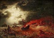 marcus larson Nattlig marin med brinnande fartyg France oil painting artist